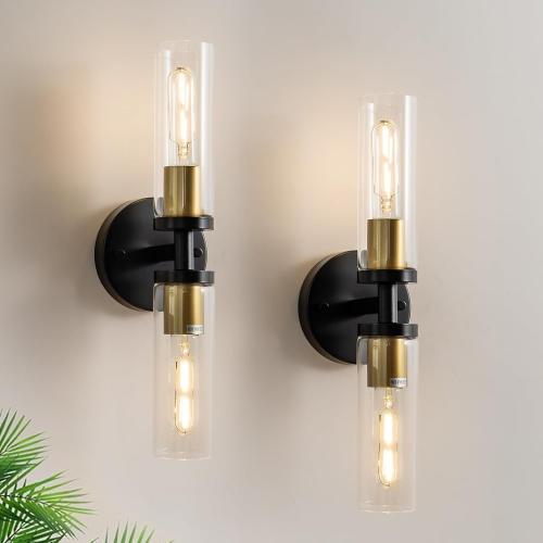 KSRYSZCQ Wall Sconces Set of Two Black and Gold Bathroom Wall Sconce with Clear Glass 15.75 Modern Wall Sconces for Bathroom Living Room Hallway Bedroom Kitchen