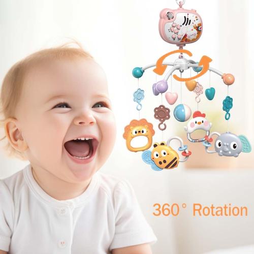 Baby Crib Mobile with Musical, Night Light & Moon Star Projector, Mobile for Crib with Remote Control Timing Function, 360° Rotation Crib Toys for Newborn Infant Boys and Girls(Pink)