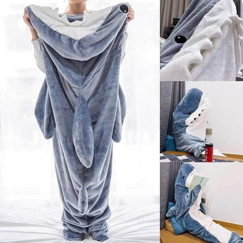 Size Medium Color Blue Shark Blanket Hoodie Onesie for Adult & Kid, Wearable Shark Sleeping Bag, Soft Cozy Onesie Costume