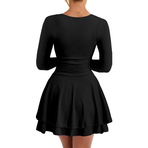 Size XL....K aximil Women's Square Neck Ruffle Hem Mini Dress Ruched Waist Long Sleeve Corset Short Party Dresses