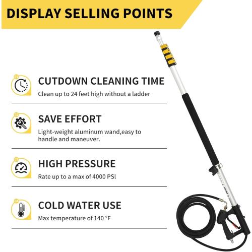 24 FT Telescoping Pressure Washer Wand with Pressure Washer Extension Wand, Brush Head, Gutter Cleaner, 5 Spray Nozzle Tips, 2 Hose Adapters and Support Belt