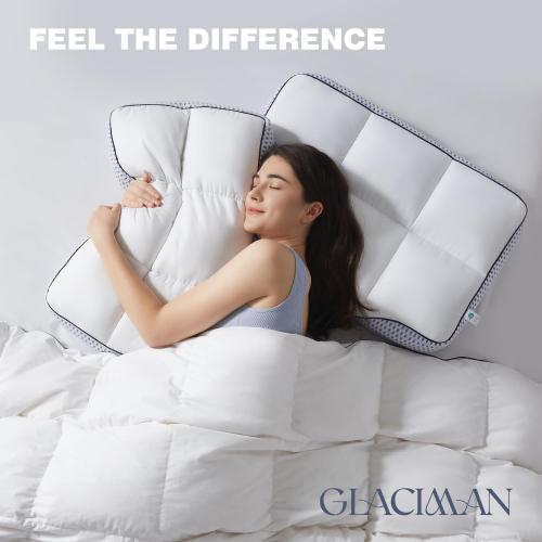 Glaciman Firm Shredded Memory Foam Bed Pillows, Ergonomic Neck and Shoulder Support for Back and Side Sleepers, Machine Washable, Breathable Mesh Gusset, Queen 15 x 25 x 4 Inch, Pack of 2