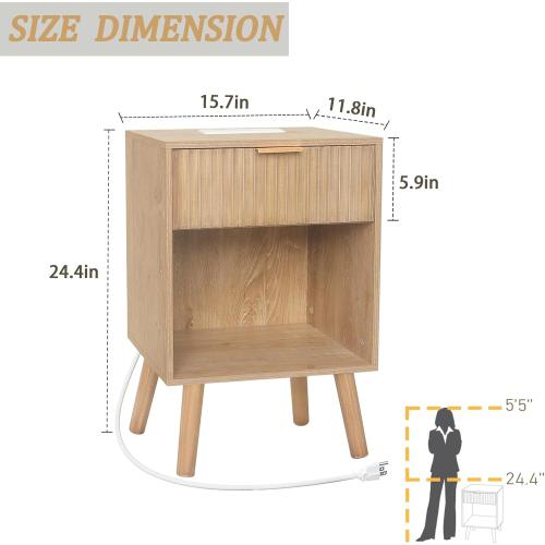 Wood Nightstand with Charging Station, Bedside Table with Fluted Drawers and Outlet, Boho Night Stand for Bedroom, Living Room, Office (Rustic Walnut)