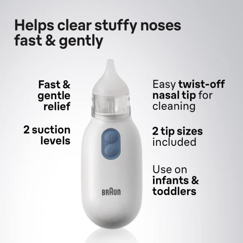 Braun Electric Nasal Aspirator - Mucus Remover, Blocked Nose Relief for Newborn, Baby and Toddler, Electric Suction Power, 2 Suction Levels, 2 Nose Tip Sizes, Dishwasher Safe, FSA and HSA Eligible