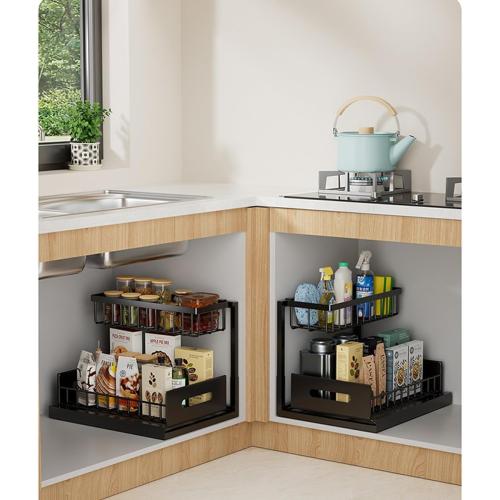 Black Under Sink Organizer, Pull Out Cabinet Storage Organizers 2 Tier Slide Out Sink Shelf Cabinet Storage Shelves, Storage for Kitchen Bathroom