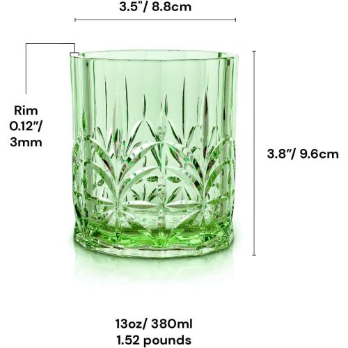 BELLAFORTE Shatterproof Tritan Plastic Short Tumbler, Set of 4, 13oz - Myrtle Beach Unbreakable Crystal Cut Old Fashioned Drinking Glasses for Whiskey - BPA Free - Dishwasher Safe - Green