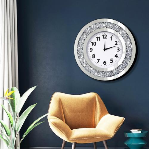 Size 16x16x12  Crystal Crushed Diamond Mirrored Round Wall Clock 16x16x2 inches for Wall Decoration Silver Glass Mirror Clock Sparkle Twinkle Bling Home Decor. AA Battery is not Included.