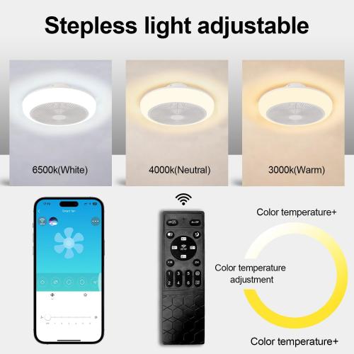 Bladeless Ceiling Fan with Light and Remote Fandelier Caged Low Profile Smart Ceiling Fan Light with Nightlight 2700K-6500K, Flush Mount Fan Light with Remote/APP Control