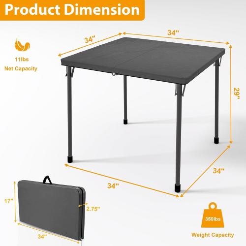 Kasunpul 34 Folding Table, Portable Square Folding Card Table with Collapsible Legs & Carrying Handle, Plastic Tables for Camping,Picnic, Office, Party, Grey