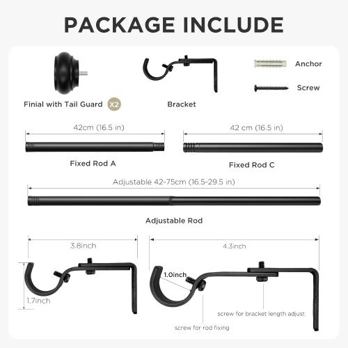 Joydeco Black Curtain Rod Adjustable 32-88 Inches, 1 Diameter Heavy Duty Curtain Rods for Windows, Decorative Splicing Drapery Rods with Resin Finials for Living Room Bedroom Kitchen