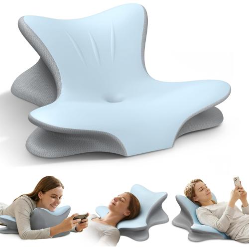 Cervical Neck Pillow for Pain Relief, Ergonomic Reading Pillow for Bed, Orthopedic Wedge Pillow Back Support Pillow, Contour Memory Foam Pillows for Sleeping, Couch Floor Use Lying Reading (Blue)