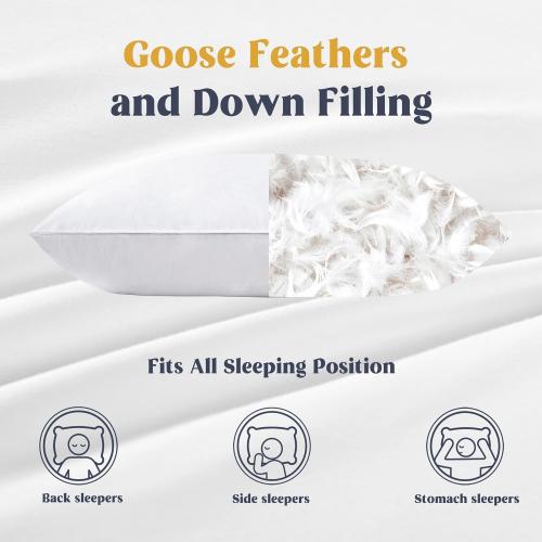 Goose Feathers and Down White Pillows Bed Sleeping Hotel Collection Pillows Set of 2 Queen Size