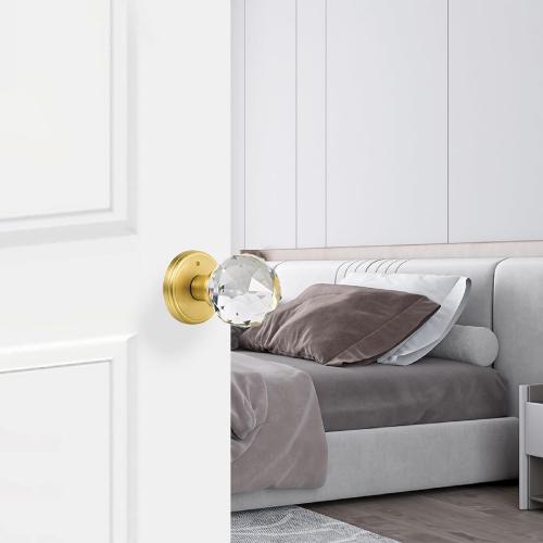 Crystal Glass Door Knobs Interior with Lock, Privacy Bathroom Bedroom Door Knobs Gold Door Knob, Satin Brass