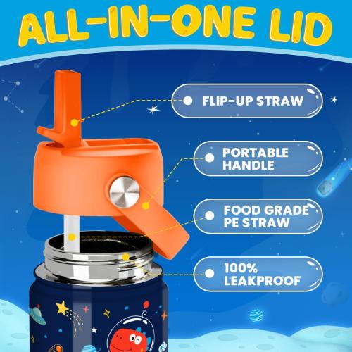 Kids Water Bottle with Straw Lid - 12 Oz Insulated Stainless Steel Dinosaur Water Bottles for Kid Boys - Travel Cup for School Sports