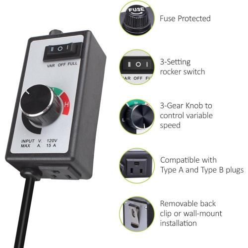 AC Motor Speed Controller 120V 15A Max Electronic Fan Speed Controller Variable Adjuster for Hydroponics Inline Duct Exhaust Ceiling Fans with 6' Long Cord