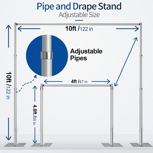 Pipe and Drape Backdrop Stand, 10x10ft Heavy Duty Adjustable Backdrop Frame with Metal Base, Background Holder for Parties Photography Wedding Photoshoot Decoration