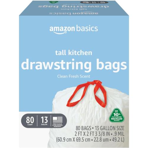 Amazon Basics 13 Gallon Tall Kitchen Drawstring Trash Bags, Clean Fresh Scent, 10% Post Consumer Recycled Material, 80 Count