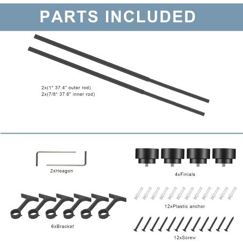 2 Pack Heavy Duty 1 Inch Diameter Single Curtain Rods 36-72” Adjustable Window Curtain Rod with Aluminum Alloy Cylindrical Cap Finials, Wall Mount and Ceiling Mount, Matte Black