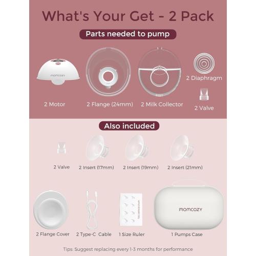 Momcozy M5 Hands-Free Wearable Breast Pump, Double-Sealed Flange for Baby-Like Comfort, 3 Modes & 9 Suction Levels, Portable Electric Pump – 24mm, 2-Pack Cozy Red