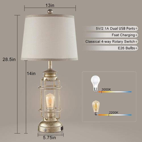 28.5 Retro Industrial Table Lamp for Living Room Bedroom Set of 2 Dimmable Touch Control Bedside Farmhouse Lamps with USB A C Charging Ports and 2 Light Sources