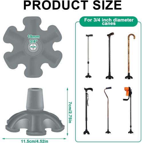 Heavy Duty Rubber Cane Tip - 6 Support Feet, 3/4 inch, Self Standing for Walking Canes & Sticks
