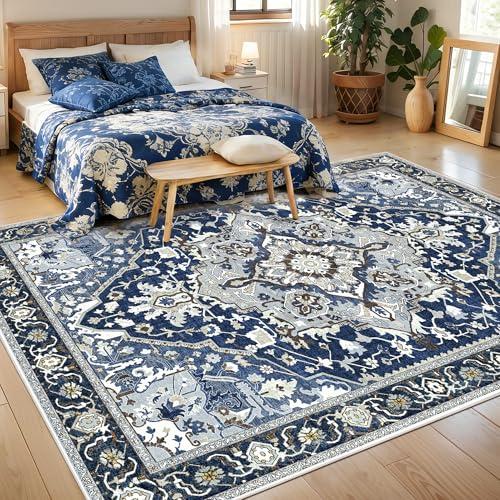 5x7 Blue Boho Area Rug Washable Non-Slip - Low Pile Farmhouse Living Room Bedroom Rug - Machine Washable Medium Indoor Carpet with TPE Backing, Vintage Easy Clean, Navy Blue Multi