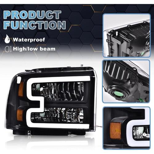 PIT66 LED Headlight Assembly Compatible with 2005-2007 Ford F250 F350 F450 F550 Super Duty /2005 Excursion (Not Fit Sealed Beam Headlight model) Headlamp Clear Lens Black Housing Amber Reflector