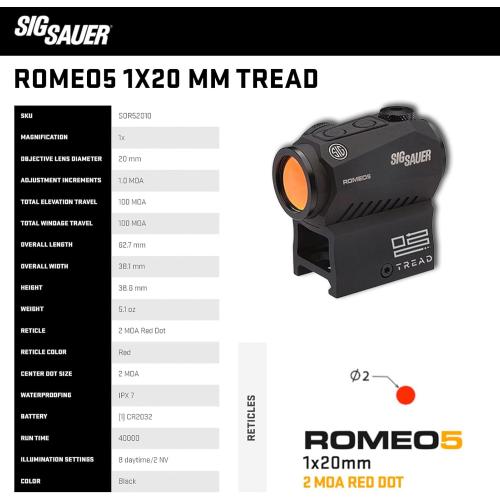SIG SAUER Romeo5 1x20mm Tread Closed Red Dot Sight | High-Performance Durable Waterproof Fog-Proof Compact 2 MOA Red Dot Sight for SIG M400 Tread