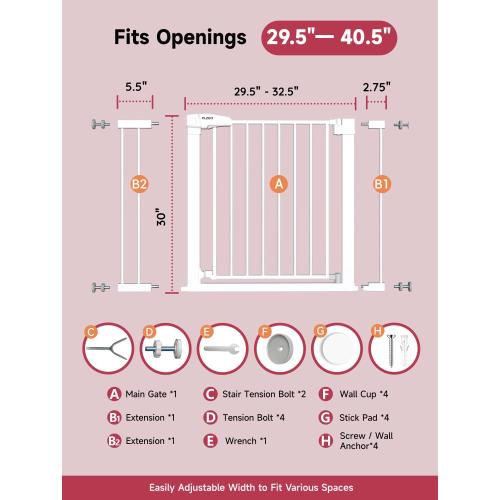 Baby Gate for Stairs, 29.5-40.5 Dog Gate for Doorways, Walk Thru Auto Close Metal Child Gate for The House, Stairs and Doorways, Pressure Mounted Pet Gate for Dog Indoor (White)