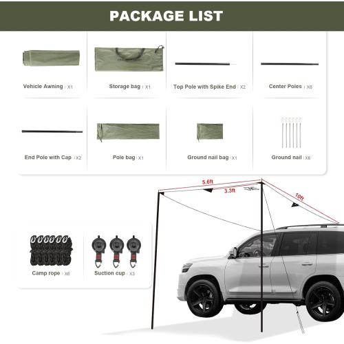 Portable Car Awning for SUV, Vehicle Awning for Camping Van Truck, Needn't Roof Rack Hardwares Waterproof UV50