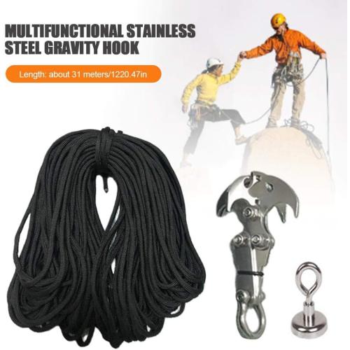 Grappling Hook, Multi-Functional Stainless Steel Gravity Hook with Military Grade Paracord Rope, Folding Survival Climbing Claw Carabiner for Outdoor Activities EDC Tool