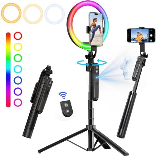 Auto Face Tracking 360 Rotation with 10 RGB Ring Light, Phone Tripod & Selfie Stick with Remote for Cell Phone 4-7, Motion Sensor for Live Stream Vlog Video Recording