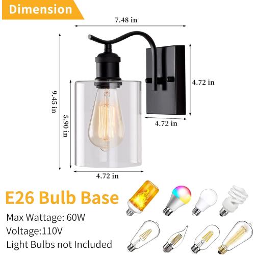 HOXIYA 2 Pack Matte Black Bathroom Vanity Light, Farmhouse Industrial Modern Wall Sconce Lighting Fixtures with Clear Glass Shade for Hallway Entryway Bathroom