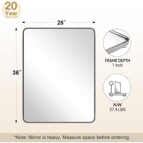 ANDY STAR 28x36 INCH Chrome Bathroom Mirrors, Polished Chrome Bathroom Mirror, Rounded Rectangle Mirror, Anti-Rust SUS304, Tube Metal Frame, 1’’ Deep Wall Mounted Vertically/Horizontal for Bathroom