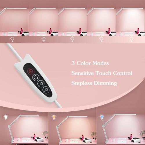 LED Desk Lamp, Manicure Table Lamp, 16 Lamp Head, Dimmable Eye-Caring Drafting Light with 3 Color Modes, 10 Brightness Levels & Adapter, Memory Function(White)