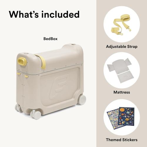 Stokke JetKids BedBox, Moonglow White - Ride-On Suitcase for Kids 2-7 Years Old (up to 77 lbs) - Transforms Into Bed - Includes Mattress, Decorative Stickers & Adjustable Carrying Strap