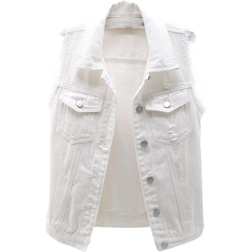 3XL-Size- VIEWON Women's Casual Denim Waistcoat Frayed Sleeveless Ripped Jacket Vest with Pockets