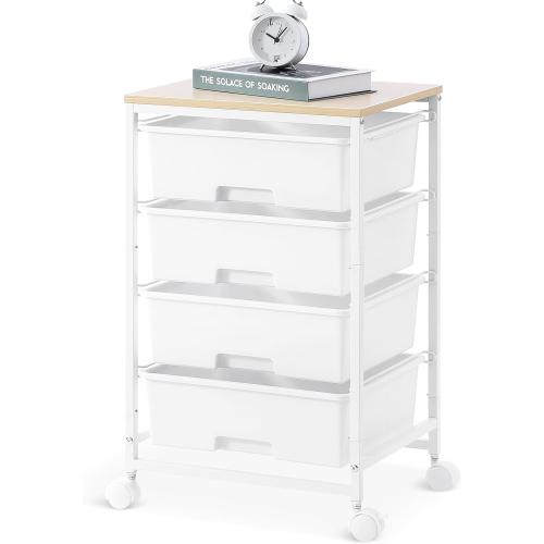 Utility Cart with 4 Drawers, Multipurpose Rolling Storage Cart with 4 Drawers and 2 Lockable Wheels, 4-Tier Rolling Storage Cart Organizer for Home Office Dorm, Bright White