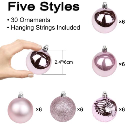 2.36 Christmas Ball Ornaments Shatterproof Pink Ornaments Set - 30 pcs for Christmas Tree, Halloween, Wedding & Party Decoration