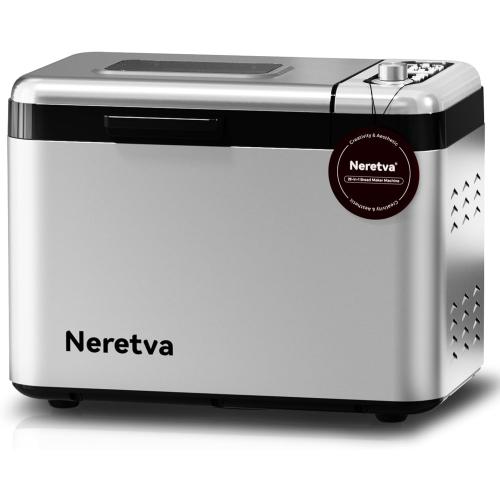 Neretva Bread Maker, 3.3LB Larger Bread Machine 15-in-1 Stainless Steel & Nonstick Ceramic Pan & Auto Nut Dispenser Breadmaker Machines Full Touch Panel with Gluten Free White Wheat Rye French Pizza