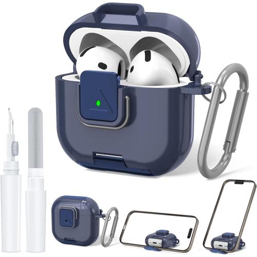 Secure Lock Case for AirPods 4 Case with Phone Stand, Soft TPU Shockproof Protective Cover for Airpods 4th Generation Clear Airpod 4 Case with Cleaning Pen & Keychain (Dark Blue)