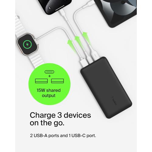Belkin Portable Charger, USB-C Power Bank 20000 mAh w/ 2 USB-A Ports, 15W w/ Type-A to Type-C Cable - iPhone 17, Air, Pro, Pro Max, AirPods, Apple Watch, Samsung Galaxy S25, Google Pixel 10 - Black