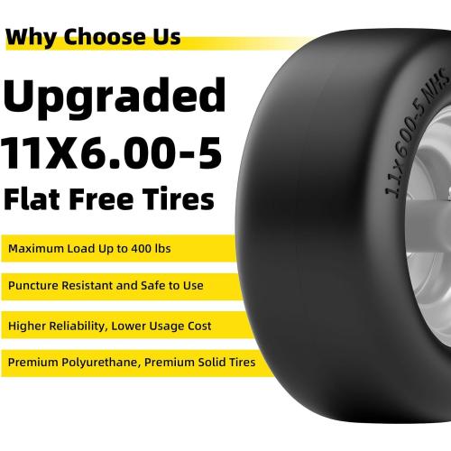 11x6.00-5 Flat Free Tires, Zero Turn Mower Front Tires, 11x6-5 Solid Mower Wheel for Residential and Commercial, With 5/8 and 3/4Bearing, 6- 8 Center Hub, 2Pack Gray, Load 400lbs
