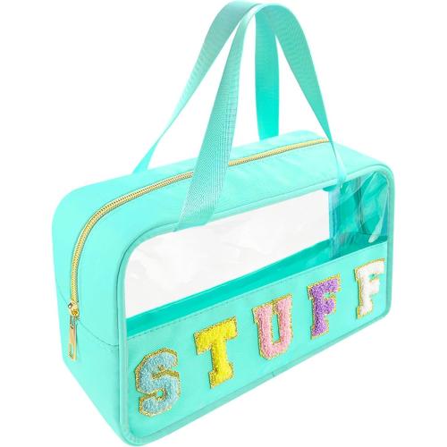 Chenille Letter Clear Makeup Bag Stuff Patch, Travel Toiletry Makeup Bag with Handle, Nylon Waterproof Makeup Bags clear cosmetic bag, preppy patch makeup bag for Women (STUFF-Mint Green)