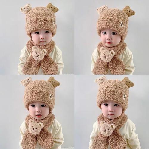 Kids Toddlers Winter Warm Cartoon Plush Hat with Scarf Hoodie Earflap Hat 2 in 1 Set Scarf Shawl Wraps Mittens (Khaki)