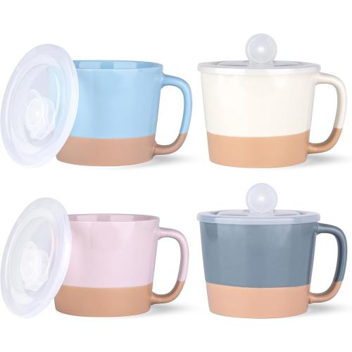 AmorArc 24 Ounces Soup Bowls with Large Handles and Lids, Stoneware Bowls for Soup, Cereal, Stew, Noodle, Colourful Ceramic Kitchen Bowls, Microwave & Dishwasher Safe (Multi-Color2, Set of 2)