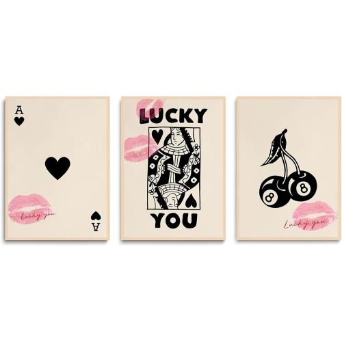 LYPHNX Trendy Ace of Spades Poster Wall Art Vintage Poker Queen Luck You Prints Black 8 Ball Cherry Set of 3 Wall Decor Kiss Lips Preppy Coquette Painting Picture for Bedroom Dorm 16x24 Unframed
