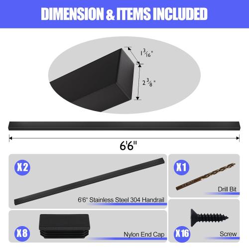 36 Fixed Top Level Drill Cable Railing Post 2Pack Bundle with 6'6'' Stainless Steel Rectangular Black Handrail 2Pack