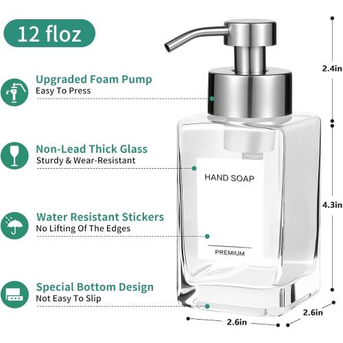 Foaming Soap Dispenser, 12oz/350ml Glass Foaming Hand Soap Dispenser Set,Refillable Foam Dispenser with Foaming Pump, Labels, Square Hand Dispenser for Bathroom, Kitchen 1 Pack