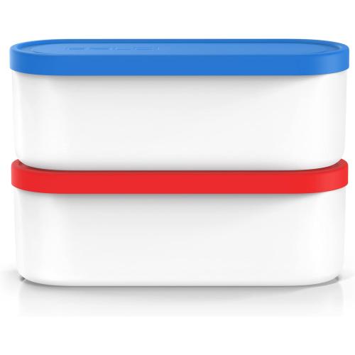Ice Cream Containers - 2 Quart Ea. (Set of 2) - Premium Reusable Freezer Storage for Homemade Ice Cream Tub for Sorbet, Frozen Yogurt - Flexible Silicone Lids, Long Scoop, Stackable - Blue & Red